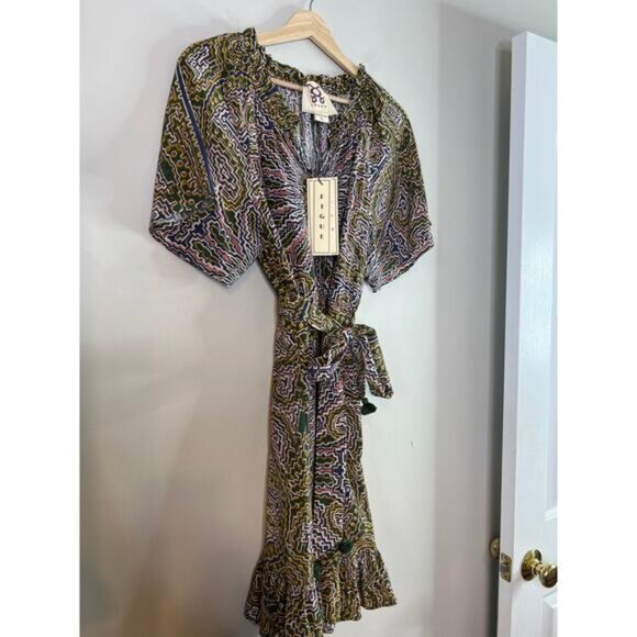 NWT Figue Cleo Silk Ruffle Neck Belted Mini Dress Medallion Multi Spruce Large - Picture 3 of 8